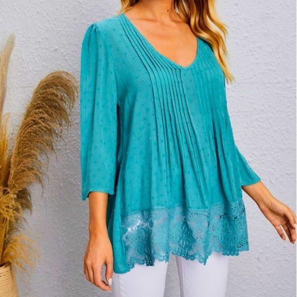 NWT! SWISS DOT LACE TRIM SOLID BLOUSE IN CADET BLUE! - Picture 2 of 12